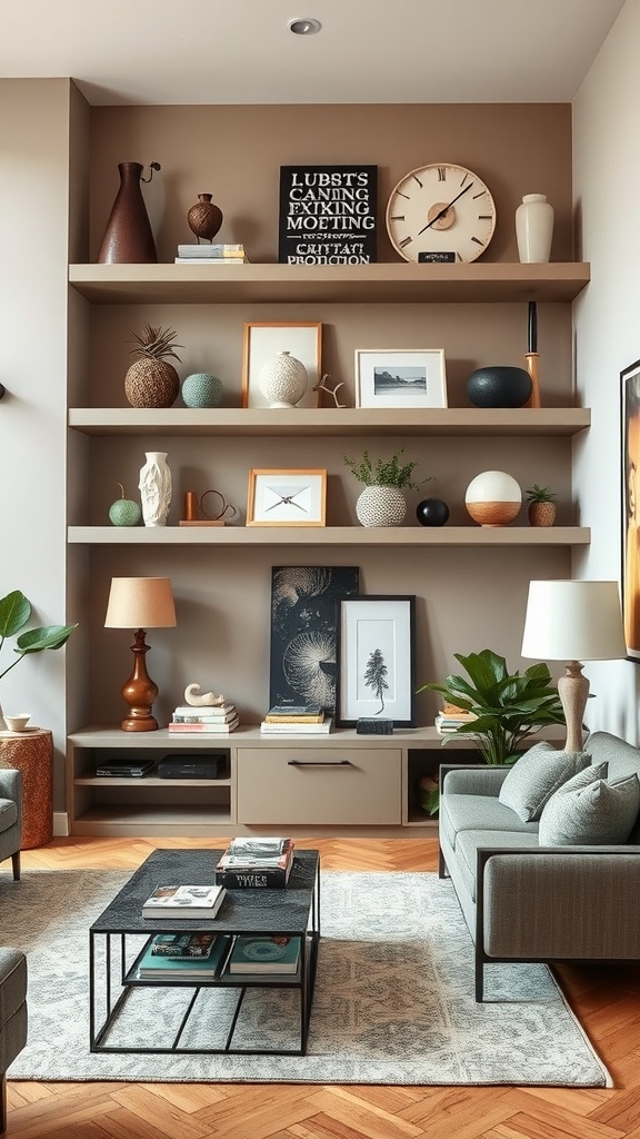 Stylish multi-tiered shelves in a living room with decorative items and plants.