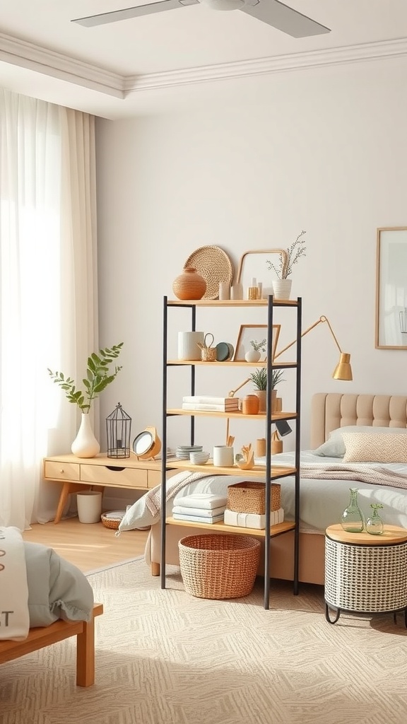 A stylish multi-tiered stand displaying various accessories in a bedroom setting.