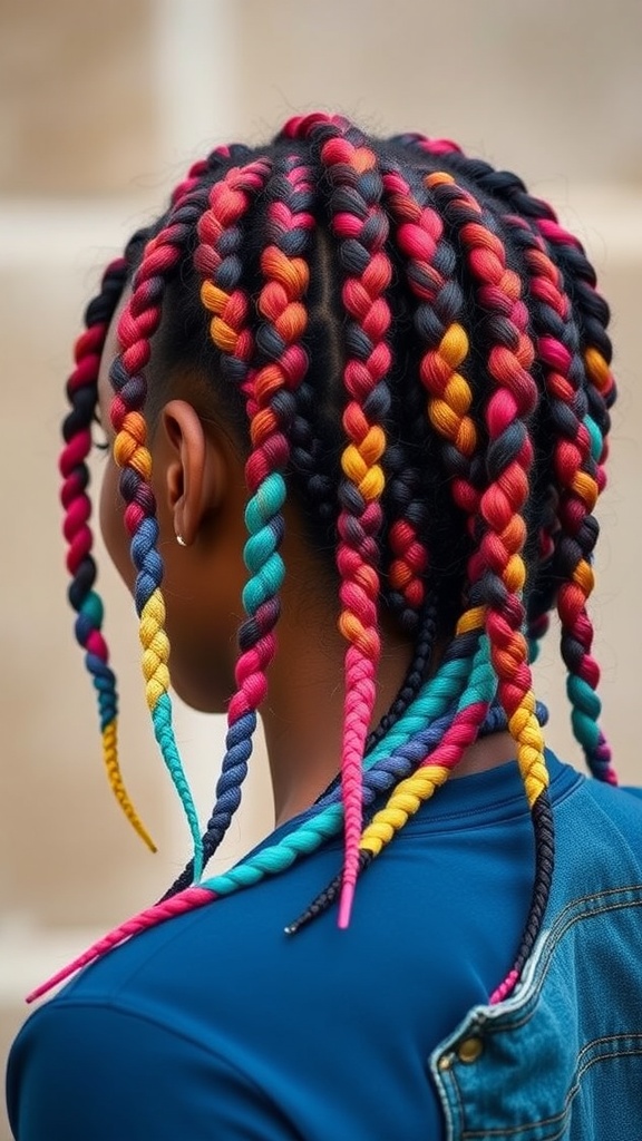 A woman with multi-tonal medium knotless braids in vibrant colors.