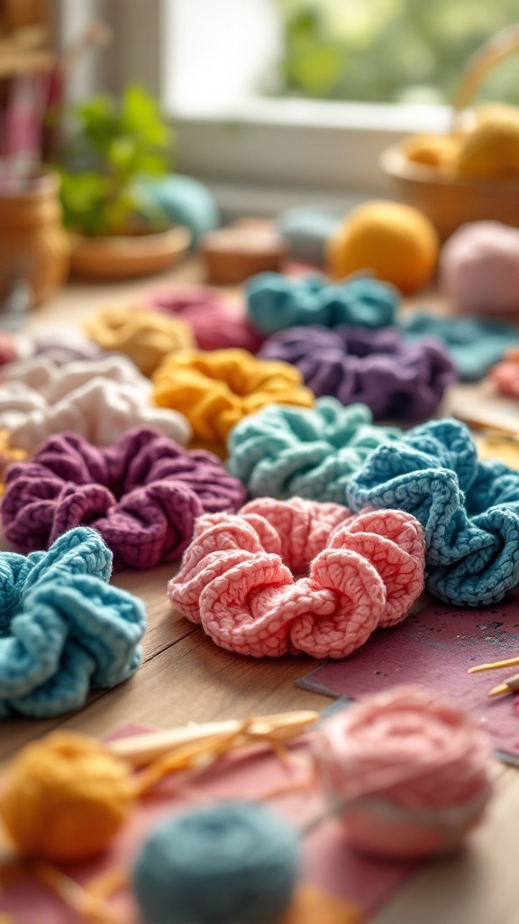 A colorful assortment of crocheted scrunchies displayed on a wooden table
