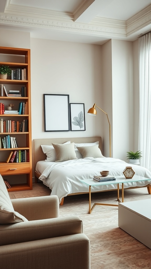 A cozy living room featuring a multifunctional bookcase, a bed, and a comfortable chair.