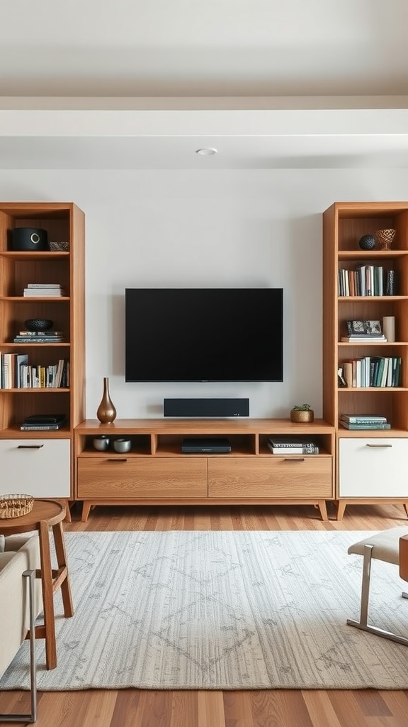 A modern living room with a multifunctional entertainment center featuring a TV, bookshelves, and decorative items.