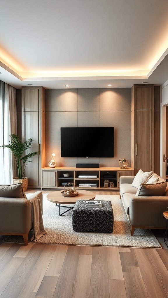 A modern living room featuring a multifunctional entertainment center with a large TV, stylish cabinetry, and cozy seating.