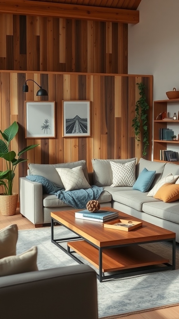 Cozy family room with a sofa, coffee table, and decorative elements.