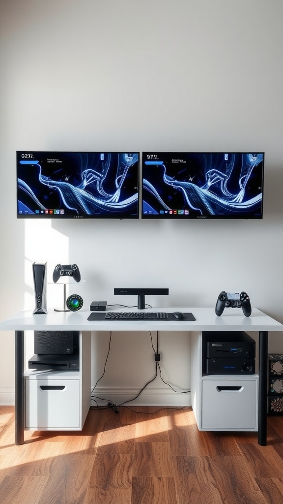 Multifunctional gaming desk with dual monitors, gaming consoles, and organized storage.
