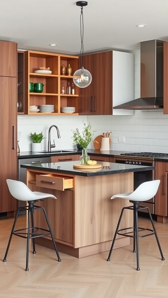 A small kitchen island with storage, featuring a black countertop, wooden base, and two stools.