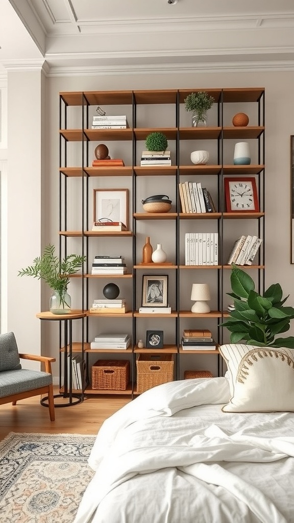 A modern multifunctional shelving unit in a cozy living room, featuring open shelves and decorative items.