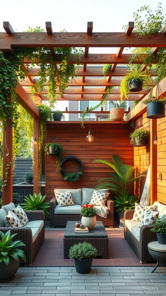 A cozy multilevel pergola with lush greenery and comfortable seating.