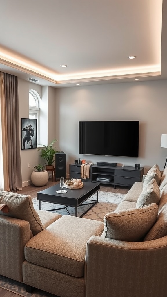 A cozy gaming lounge with a sofa, coffee table, and large TV, designed for multiplayer gaming.