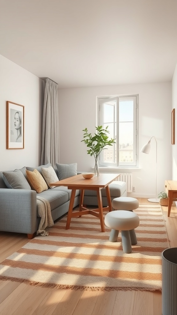 A cozy living room featuring a sofa, wooden table, and stylish stools, with natural light streaming in.