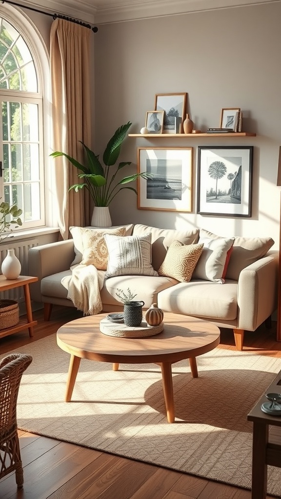 A cozy small family room with a stylish sofa, round coffee table, wall-mounted shelves, and a tall leafy plant.