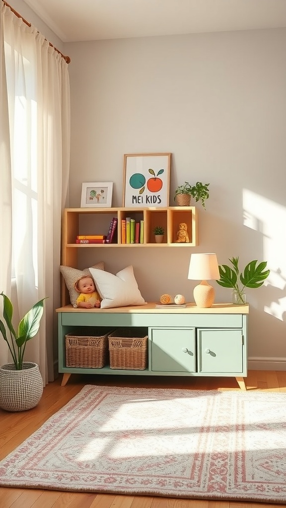 A cozy kids' room featuring multipurpose furniture for storage with open shelves and a storage unit.