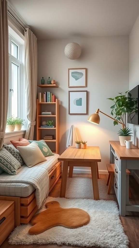 A cozy small kids bedroom featuring multipurpose furniture: a sofa bed, wooden table, and a bookshelf with decorative items.