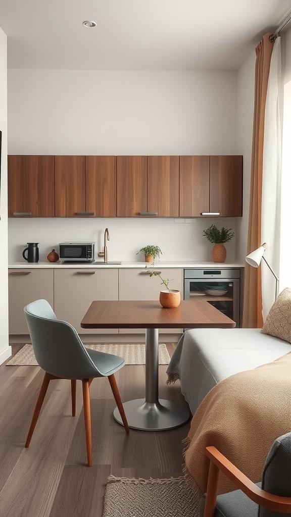 A small kitchen featuring multipurpose furniture, including a round table and modern chair, with wooden cabinets and plants.