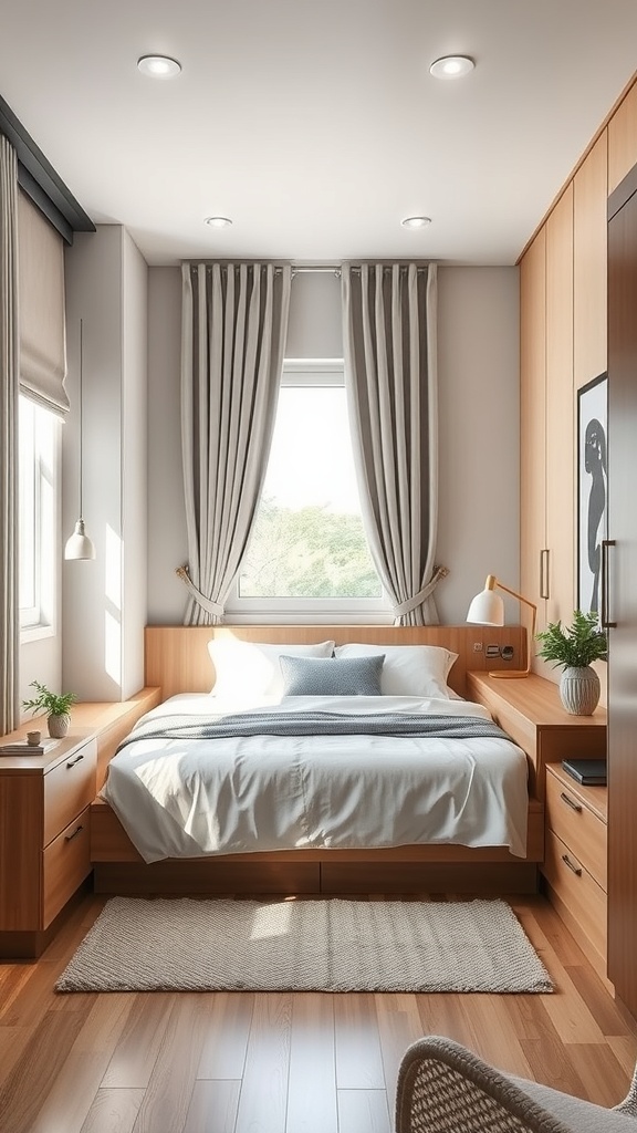 Cozy bedroom with multipurpose furniture, featuring a bed with storage, natural light, and plants.