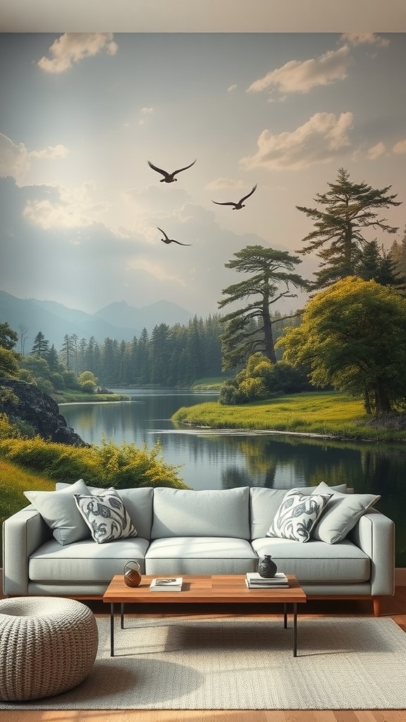 A living room featuring a nature scene mural with a view of a lake, mountains, and birds in the sky