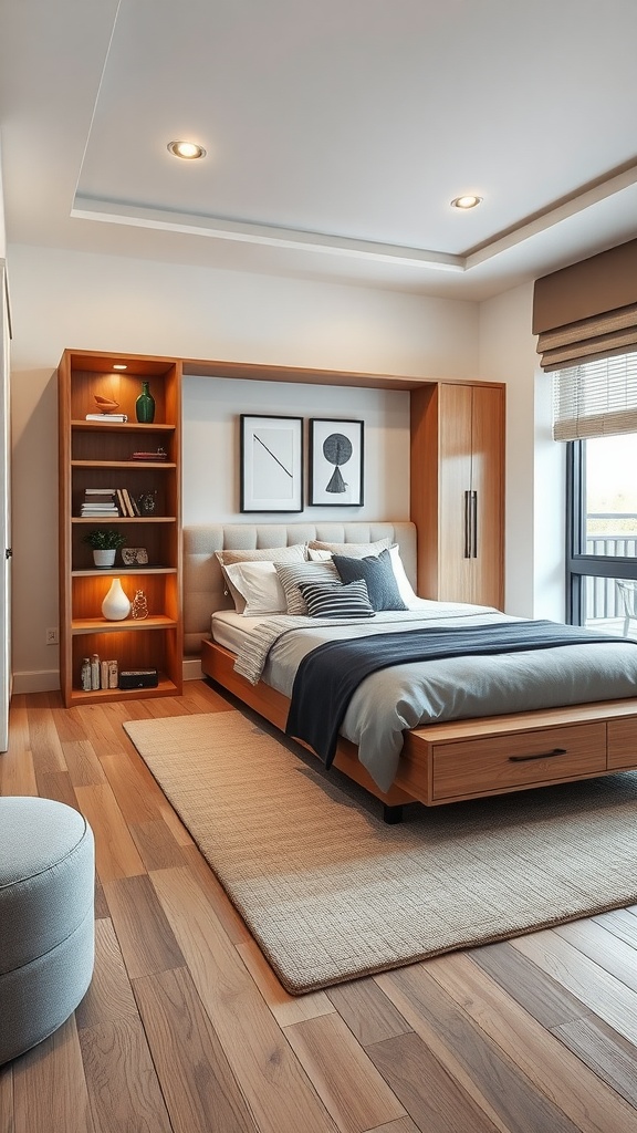 A modern bedroom featuring a Murphy bed with built-in storage solutions, complemented by a stylish bookshelf and cozy bedding.