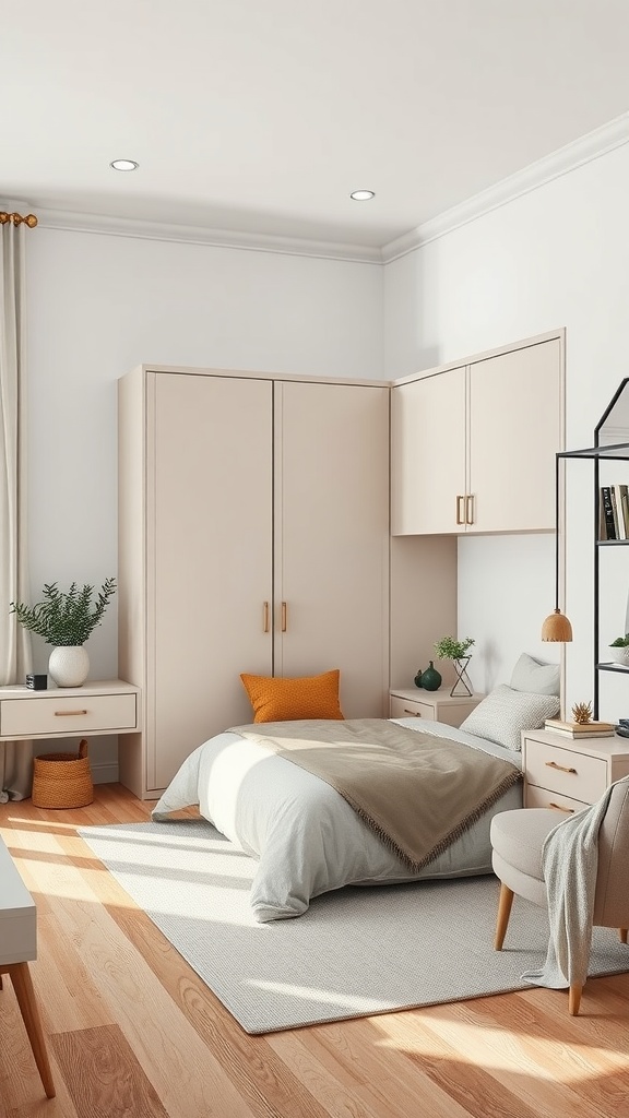Cozy bedroom with a Murphy bed tucked away, showcasing a corner layout and warm color tones.