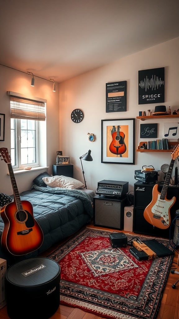 A cozy music-inspired bedroom with guitars, a inviting bed, and musical decor.