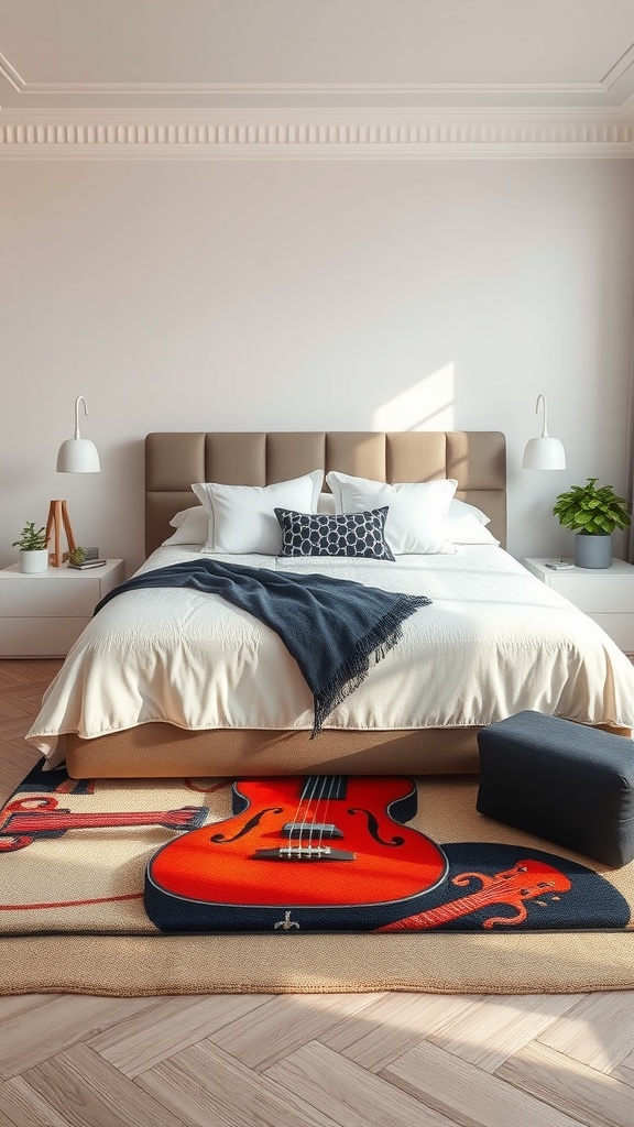 A cozy bedroom featuring a music-themed rug with a guitar design, complementing the bed and decor.