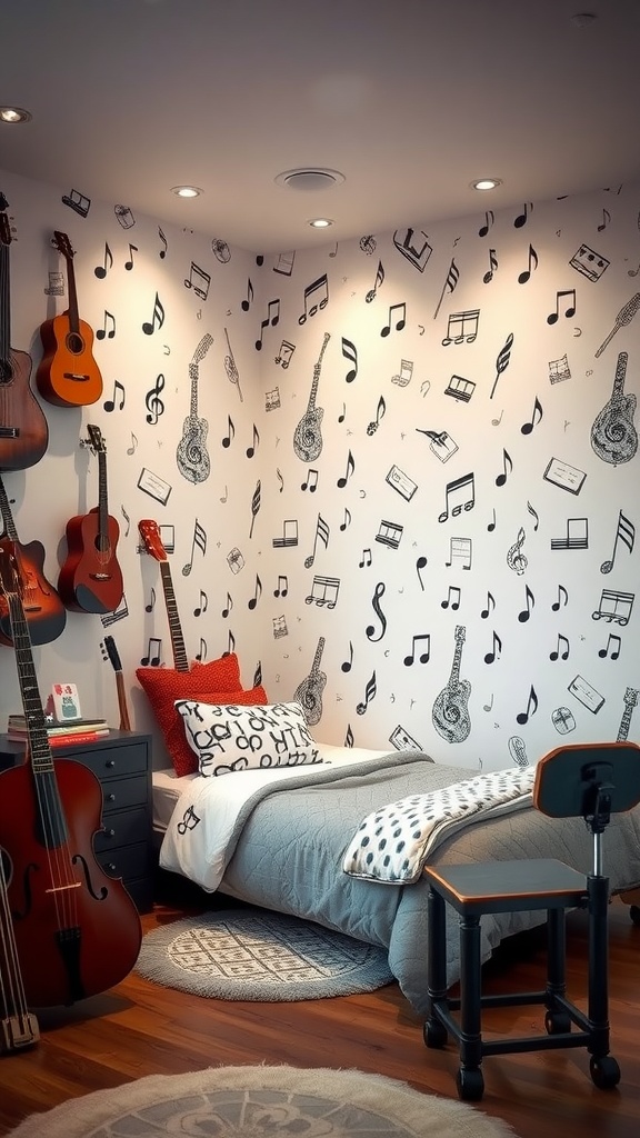 A cozy music-themed kids bedroom with musical notes on the walls, guitars, and a comfortable bed.