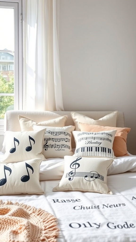 A cozy bed with music-themed throw pillows featuring musical notes and sheet music designs.