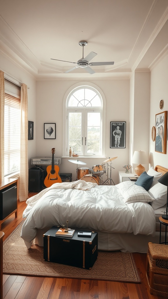 A cozy bedroom featuring a guitar, drum set, and a comfortable bed, creating a playful music and dance area.