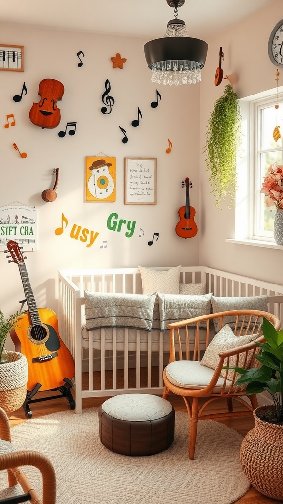 A cozy nursery designed with a music theme featuring musical notes, instruments, and a comfortable crib.