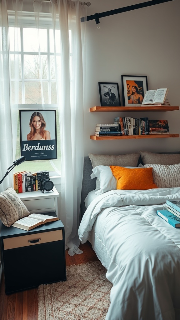 A cozy bedroom corner with a bed, bookshelves, and music-themed decor.