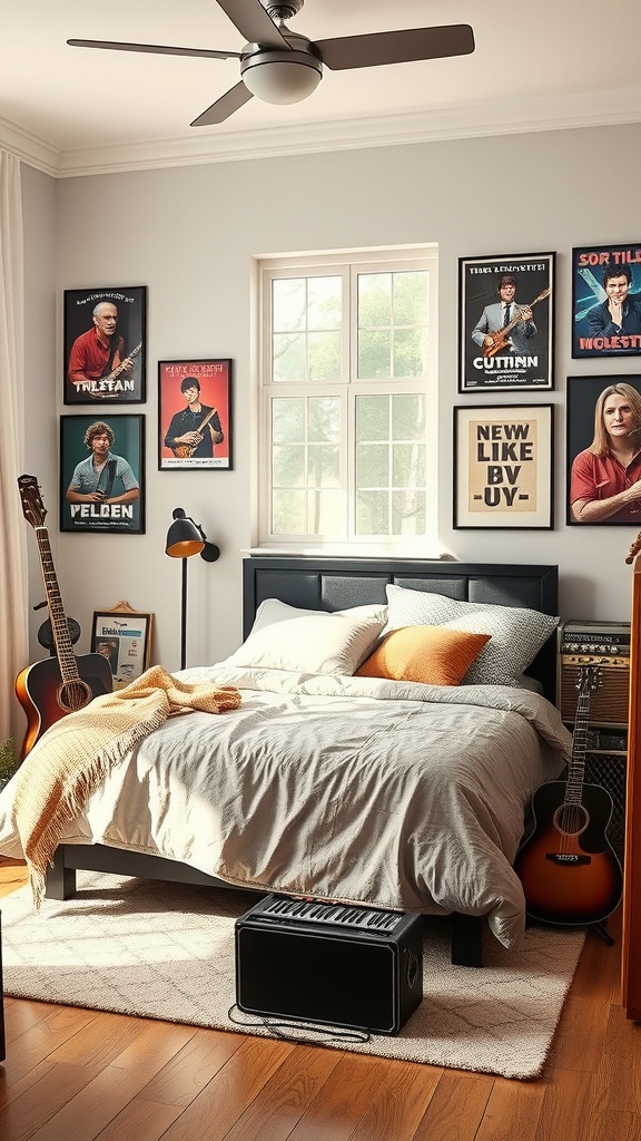 A cozy bedroom designed for a music lover, featuring guitars, music posters, and a comfortable bed.
