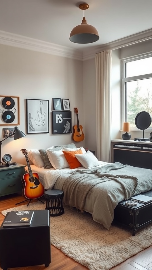 A cozy bedroom designed for a music lover, featuring guitars on the wall, a keyboard, and warm decor.