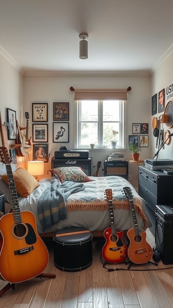 A cozy teen boy's bedroom featuring guitars, music posters, and a warm atmosphere.