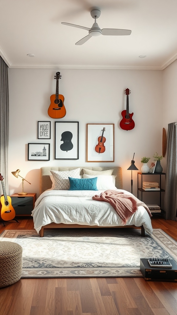 A music-inspired bedroom featuring guitars on the wall, a cozy bed, and warm lighting.