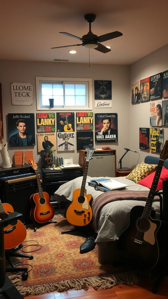 A cozy bedroom filled with musical instruments and posters of musicians.