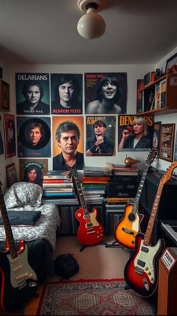 A teenage boy's bedroom designed for music lovers, featuring guitars, vinyl records, and music posters.