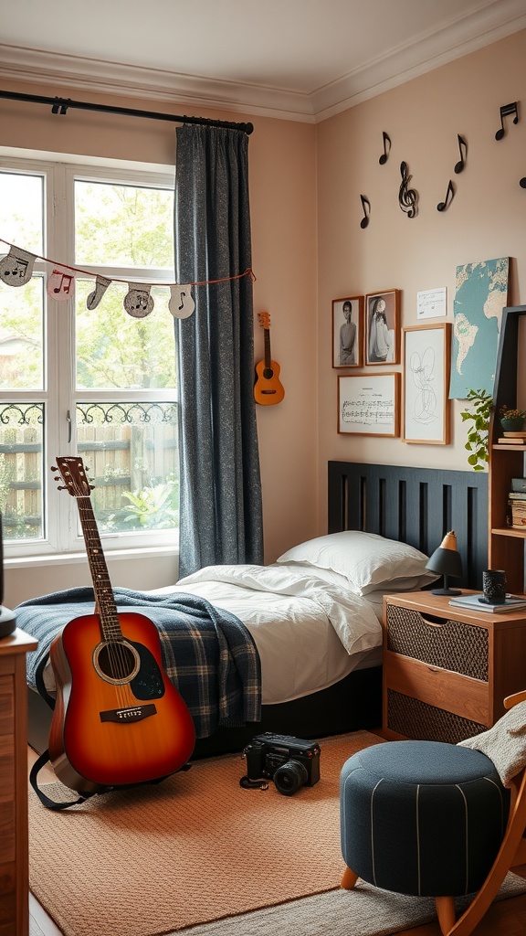 A cozy boys' bedroom featuring a guitar, music notes on the walls, and warm decor.