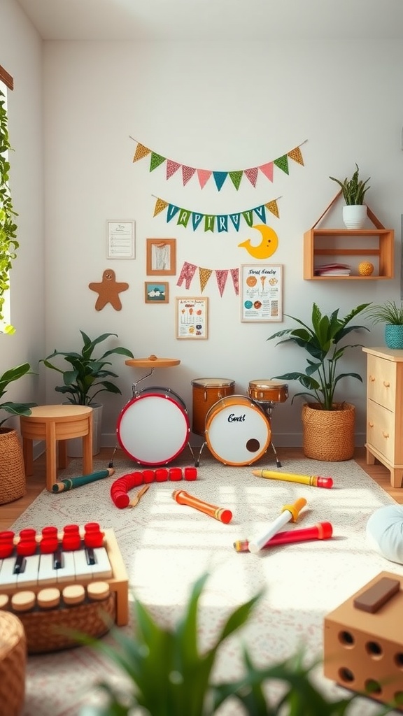 A colorful toddler playroom with various musical instruments, including drums, xylophones, and recorders, alongside playful decorations and plants.