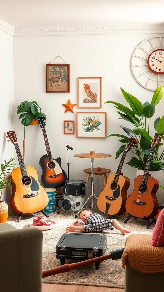 A cozy living room corner filled with musical instruments, including guitars and a drum set, with a child playing on the floor.