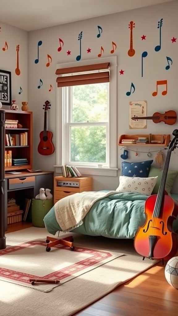 A toddler boy's bedroom featuring musical decorations, a guitar, and a cozy bed.