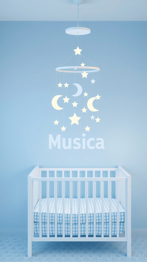 A musical mobile with stars and moons hanging above a crib in a nursery
