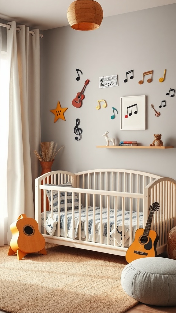 A cozy baby boy room with musical notes and instruments on the walls, featuring a crib and guitars.