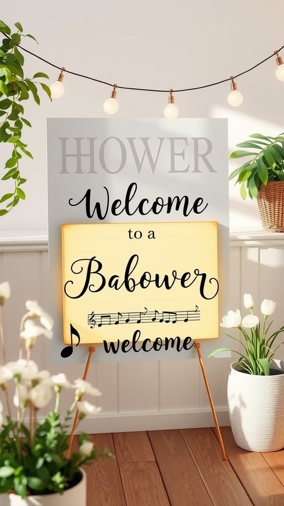 A welcoming sign for a baby shower adorned with musical notes, greenery, and soft lighting.
