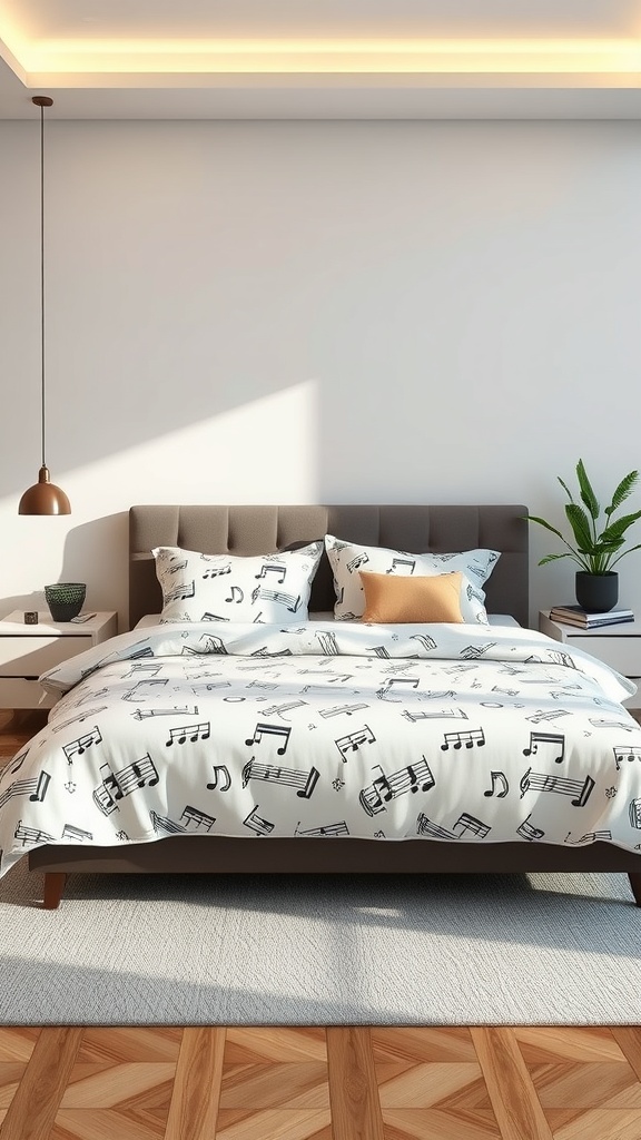 A stylish bedroom featuring bedding with musical notes, complemented by a modern headboard and decorative pillows.