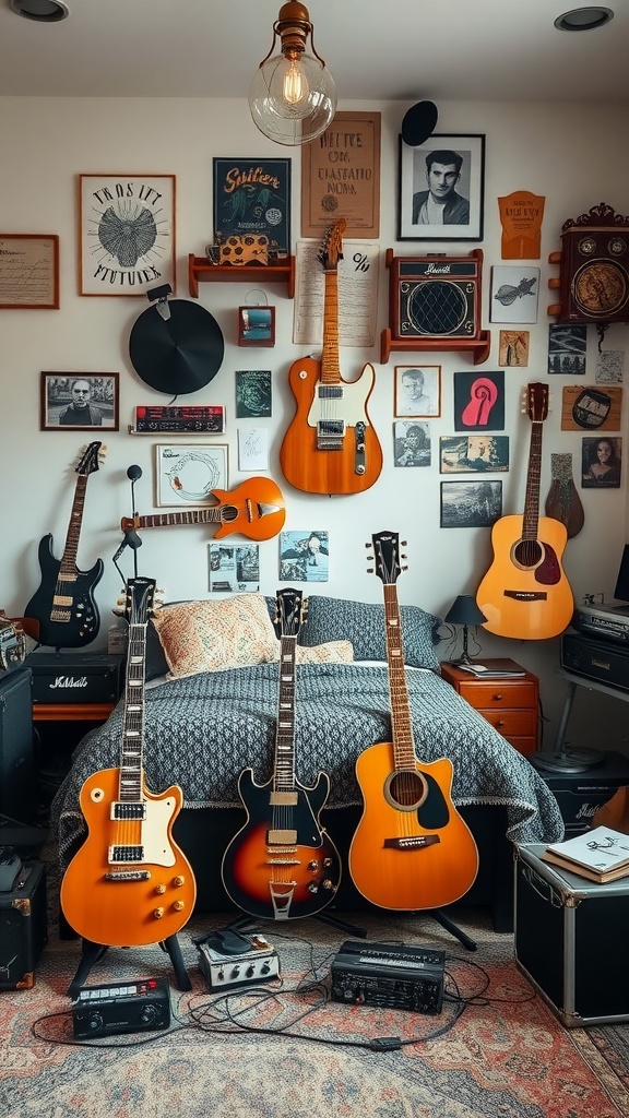 A cozy bedroom filled with various guitars, posters, and music accessories, creating a musical retreat atmosphere.