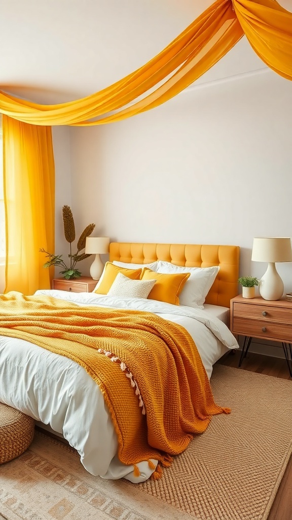 A cozy bedroom featuring mustard yellow accessories, including curtains, a blanket, and pillows.