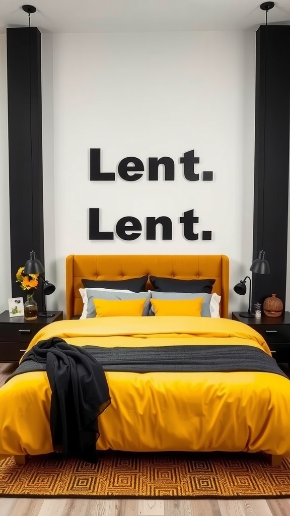 A modern bedroom featuring mustard yellow bedding and black accents, with a wall that has the word 'Lent.' displayed.