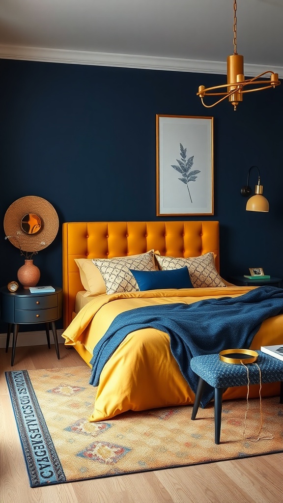 A mustard yellow bedroom with deep blue walls, featuring a mustard headboard, blue accents, and a patterned rug.