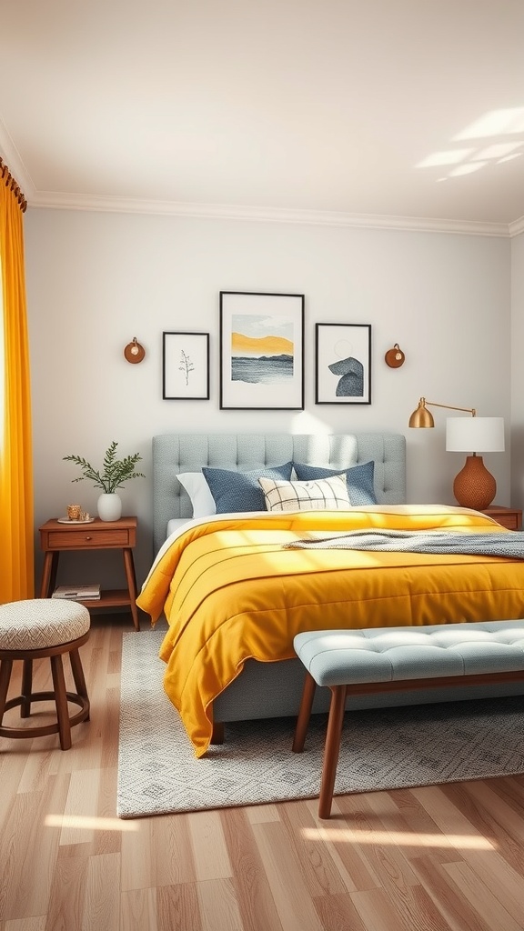 A cozy bedroom featuring a mustard yellow bedspread, gray upholstered headboard, and wooden furniture, creating a warm atmosphere.