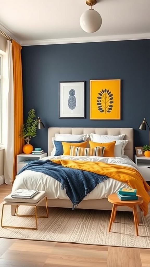 A cozy bedroom featuring navy blue walls and mustard yellow accents, with a bed adorned in colorful pillows and throws.