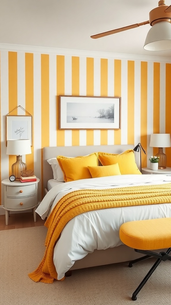 A mustard yellow and white striped bedroom featuring a cozy bed with yellow pillows and a throw blanket, a round stool, and a stylish lamp.